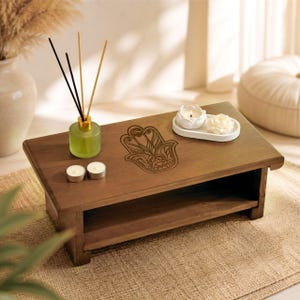 Meditation Altar Table with Hamsa Symbol Wooden Spiritual Shrine Yoga Ritual Tabletar Mindfulness Decor Gift for Zen Room