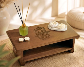 Meditation Altar Table with Hamsa Symbol Wooden Spiritual Shrine Yoga Ritual Tabletar Mindfulness Decor Gift for Zen Room