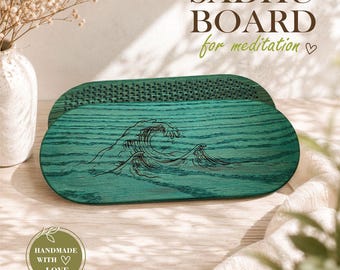 May include: An oval-shaped wooden Sadhu board with a teal-stained finish and a dark engraved wave illustration. The board features a dense grid of metal nails on its surface. Text on the image reads SADHU BOARD for meditation and HANDMADE WITH LOVE.