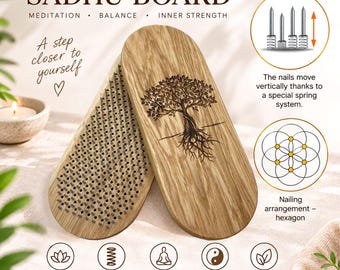 May include: A Sadhu board made of natural oak wood with a tree engraving. The board features a spring system for vertical nail movement and a hexagonal nail arrangement. Text includes SADHU BOARD, MEDITATION, BALANCE, INNER STRENGTH.