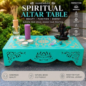 May include: A rectangular turquoise wooden altar table featuring gold-colored floral patterns and a central lotus design with an Om symbol. The table is displayed with a glass diffuser, incense sticks, a purple honeycomb candle, and three tea lights.