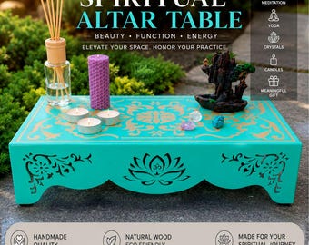 May include: A rectangular turquoise wooden altar table featuring gold-colored floral patterns and a central lotus design with an Om symbol. The table is displayed with a glass diffuser, incense sticks, a purple honeycomb candle, and three tea lights.