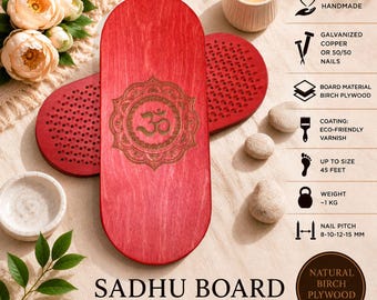 May include: A red oval Sadhu board made of birch plywood with an Om symbol engraving. The board features galvanized copper or 50/50 nails with a pitch of 8-10-12-15 mm, an eco-friendly varnish coating, and a weight of approximately 1 kg for feet up to size 45.