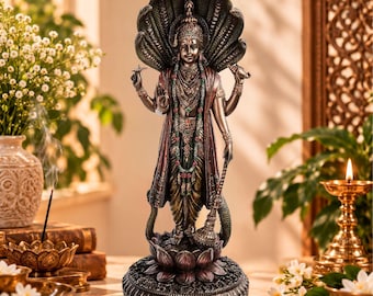 Statue de Vishnu, figurine du dieu hindou, sculpture du Seigneur Vishnu, décoration de cobra Sheshnag, décoration d'autel spirituel, cadeau de méditation, art décoratif hindou pour la maison