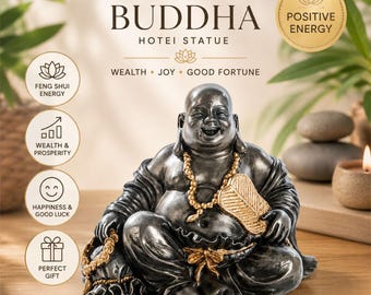 May include: A dark grey Hotei Buddha statue with gold-colored accents, including a beaded necklace, a fan, and a bag. The statue features the text HAPPY BUDDHA, POSITIVE ENERGY, WEALTH, JOY, GOOD FORTUNE, and measures 11 x 7 x 9 cm or 4.3 x 2.8 x 3.5 inches.