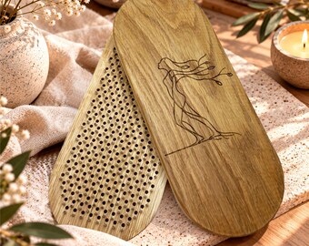 Static Sadhu Board, Oak Wood, Woman Engraving,  Nail Standing Meditation Board, Yoga Gift, Mindfulness Gift. Copper Galvanized Bamboo Nails