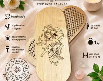 May include: A Sadhu board made of birch plywood with a varnish coating, featuring a laser-engraved zodiac illustration of a person with fish. The board includes galvanized or copper nails with a pitch of 8-10-12-15, weighing 1 kg, and fits up to size 45 feet.