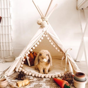 Rabbit House Teepee Canvas Small Pet Bed Bunny Tipi Guinea Pig Tee Pee TeePee + Pom pom mat