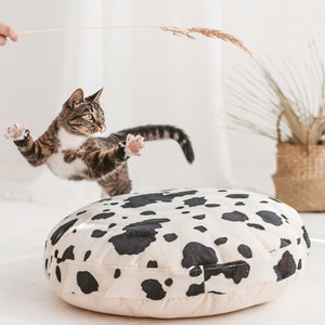 Cow Print Faux Fur Cat Bed: Comfy Deep Sleep Cushion