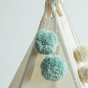 Tipi Tent Accessories from Yarn Balls - Pom Poms Teepee Toppers in Mint, Turquoise & Emerald
