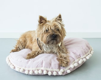 Boho Linen Pet Bed: Round Dog and Cat Cushion with Pom Poms