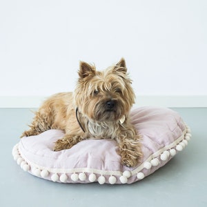 Boho Linen Pet Bed: Round Dog and Cat Cushion with Pom Poms