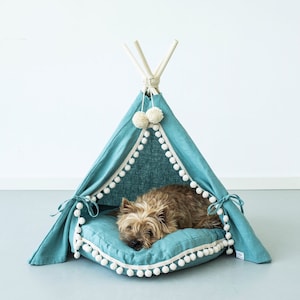 Pet Teepee with Pillow Linen Dog Tent Green Cat Tipi Cave Luxury Cat Bed with Pet Pom Pom Pillow image 1