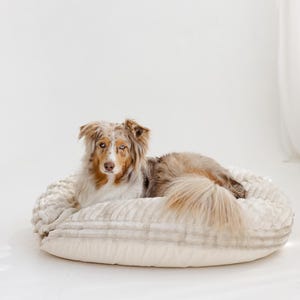Rundes Hundebett in Ecru, großes neutrales Hundebett mit abnehmbarem Bezug, Boho-Hundebett in Creme, waschbares, beruhigendes Hundekissen, Hundesofa aus Naturcord