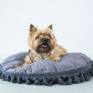 Boho Dog Bed: Gray Cotton Pet Cushion with Tassels