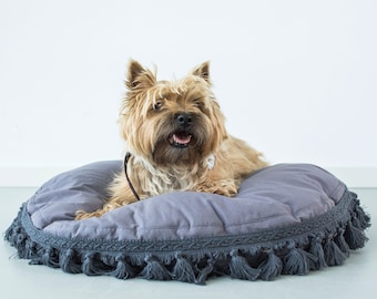 Boho Dog Bed: Gray Cotton Pet Cushion with Tassels