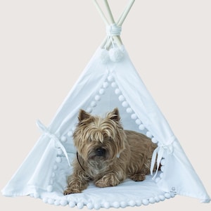 Cat and Dog Teepee Bed with Pompoms in White and Ecru | 100% Cotton Pet Tent for Cats, Dogs, and Bunnies | Includes Mat