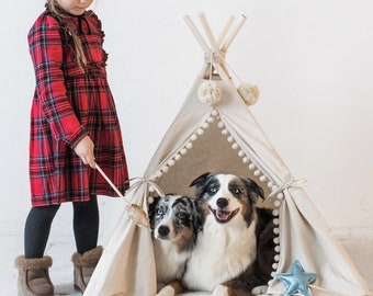 Large Dog Teepee Bed – Natural Cotton Canvas with Pom Poms