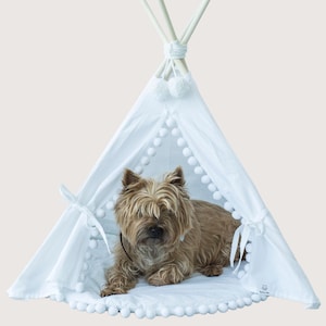 Cat and Dog Teepee Bed with Pompoms in White and Ecru | 100% Cotton Pet Tent for Cats, Dogs, and Bunnies | Includes Mat