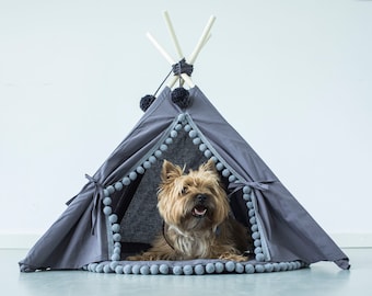 Cama moderna para mascotas: tipi para perros y tipi para gatos de 100% algodón en gris