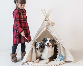 Large Dog Teepee Tent with Pom Poms Decor - Modern Pet Furniture