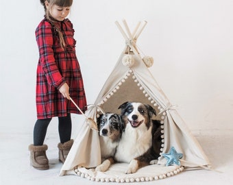 Large Dog Teepee Tent with Pom Poms Decor - Modern Pet Furniture