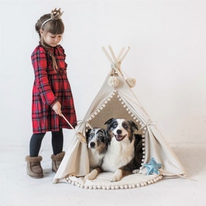 Large Dog Teepee Tent with Pom Pom Decor - Cute Dog Bed from Natural Cotton