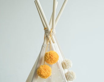 Pom-Poms Teepee Topper - Photo Props for Pets - Tipi Accessories - Bright Yellow, Silver & Graphite Yarn Balls