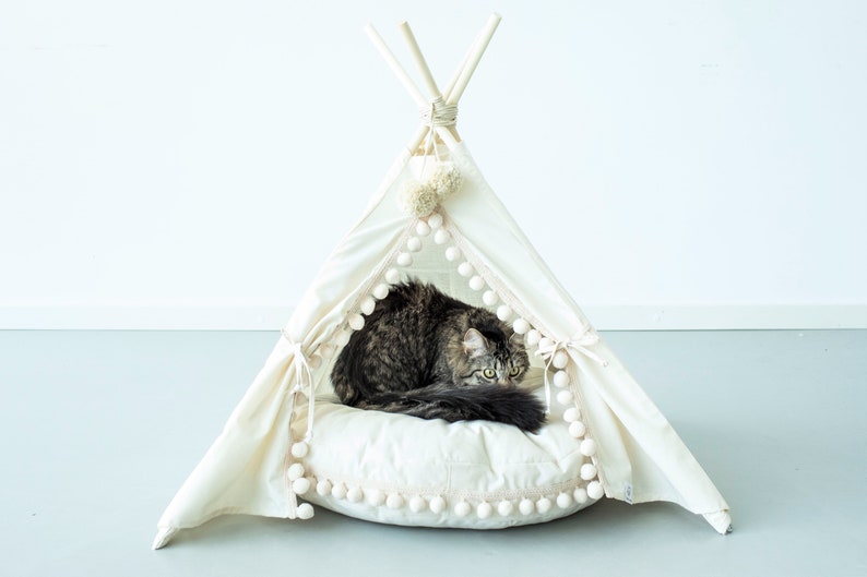 May include: A white canvas teepee pet bed with a fluffy white cushion and pom-pom trim. A tabby cat is resting inside the teepee.