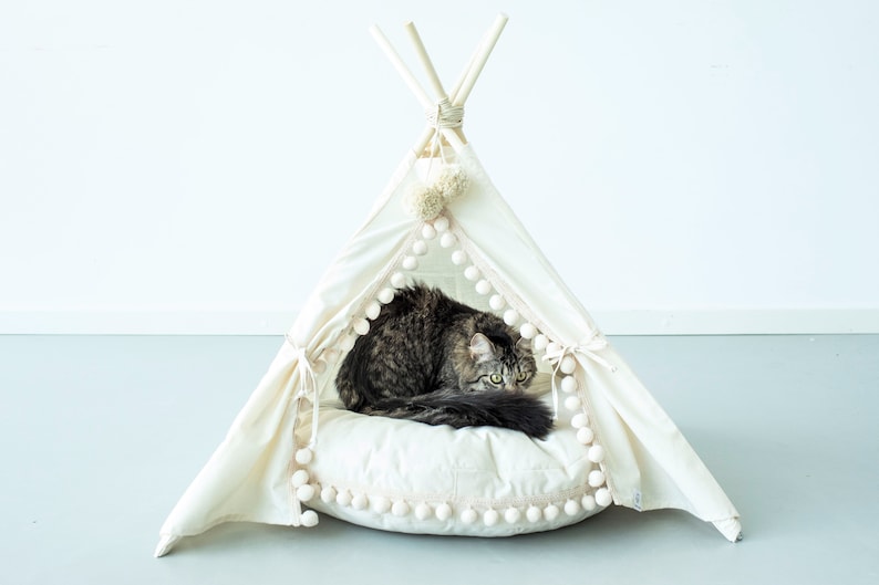 May include: A white canvas teepee pet bed with a fluffy white cushion and pom-pom trim. A tabby cat is resting inside the teepee.