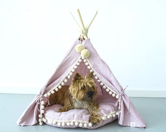 Dog TeePee Cat house Pink Linen Dog Tent with Round Bed Pillow Cat Cave with Pom Pom Cushion