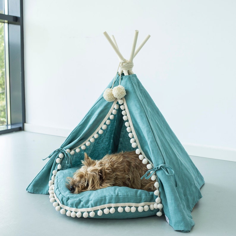 Pet Teepee with Pillow Linen Dog Tent Green Cat Tipi Cave Luxury Cat Bed with Pet Pom Pom Pillow image 2