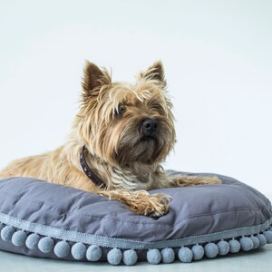 May include: A small, brown and tan dog with a black collar is lying on a gray, round dog bed with a gray pom-pom trim.
