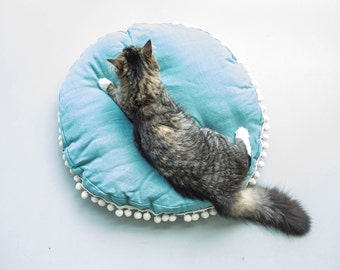 Linen Cat Cushion Boho Dog Pillow Bed Pet Pillow with Pom Pom Trim Mat Pets Furniture