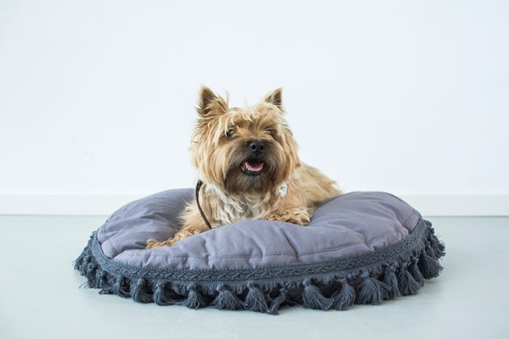 Boho Dog Bed: Gray Cotton Pet Cushion with Tassels