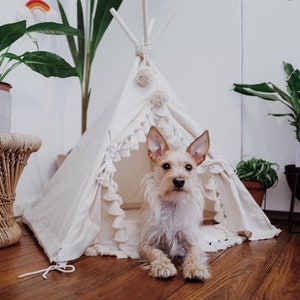 Boho Cat Bed Tent Cat & Dog TeePee Cotton house Beige Pet cave
