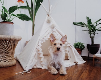 Boho Cat Bed Tent Cat & Dog TeePee Cotton house Beige Pet cave