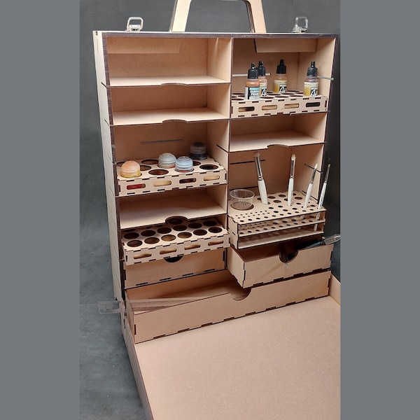 Portable Hobby Cabinet with Reversible Paint Trays and Storage Drawers for Model Craft Makers
