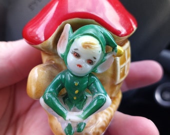 Vintage Pixie Elf Gnome And Mushroom Toothpick Holder. Marked Japan
