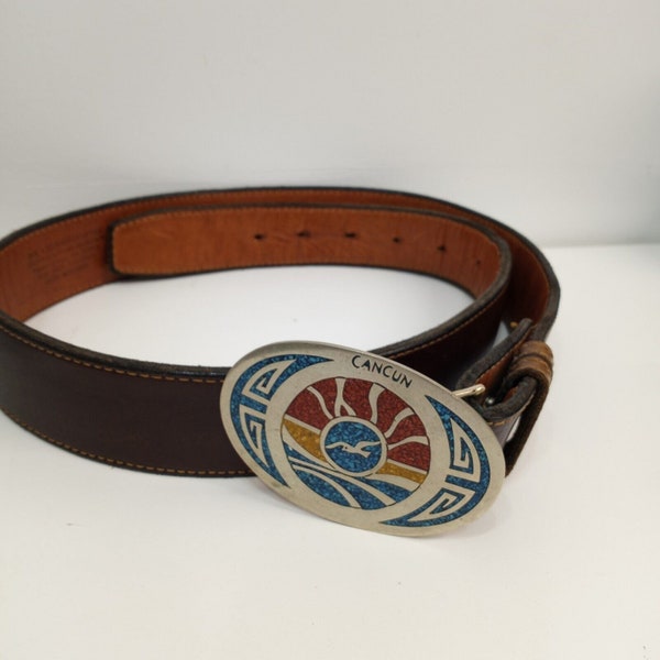 Vintage Leather Belt With CANCUN Dove Peace Bird Inlaid Turquoise  XL 42-44