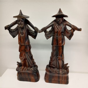 Set Of Wooden Statues. Asian Style *Man&#39;s Hat Has DAMAGE