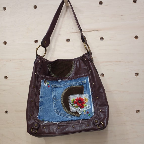 UPCYCLED ORIGINAL Vintage Canyon River Blues Leather Purse Laptop Bag Reworked Using Recycled Fabrics. One of A Kind Sustainable Fashion Etsy
