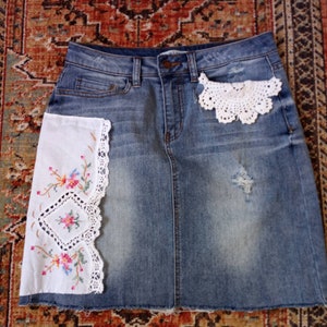 Upcycled  Women&#39;s Miami brand Blue Denim Skirt. Medium Embroidered vintage linen. Eco friendly sustainable fashion. Second hand gently used