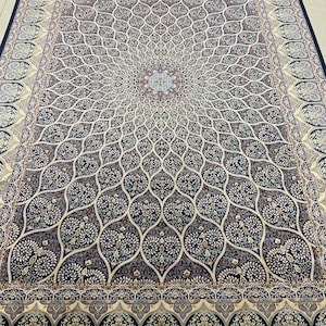 Türkische Natur- und Bambusseide, Kubbe Design Seidenteppich, Flächen-Seidenteppich, Naturseidenteppich, Bambus-Seidenteppich, 7x10 Fuß Seidenteppich