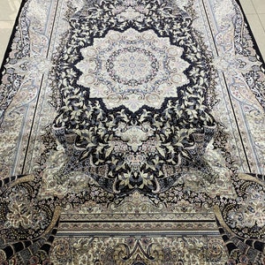 Türkischer Natur- und Bambusseidenteppich, Türkischer Seidenteppich, Bambus-Seidenteppich, Osmanischer Madallion-Seidenteppich, Schwarzer Seidenteppich, 7x10 Fuß Teppich