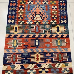Handmade,Hand Spun Wool,%100  Vegetable Dyed Anatolian Kilim.Handmade Turkish Kilim Rug,Not Used Collection Piece. 4,9 x 3,7 Feet