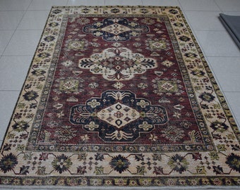 Rug turco, alfombra vintage turca, rugo rústico, alfombra de área, alfombra de color natural, sala de estar Rug, alfombra de la habitación de comedor, rugo de Kazak, alfombra de Shirvan, 7x10 pies