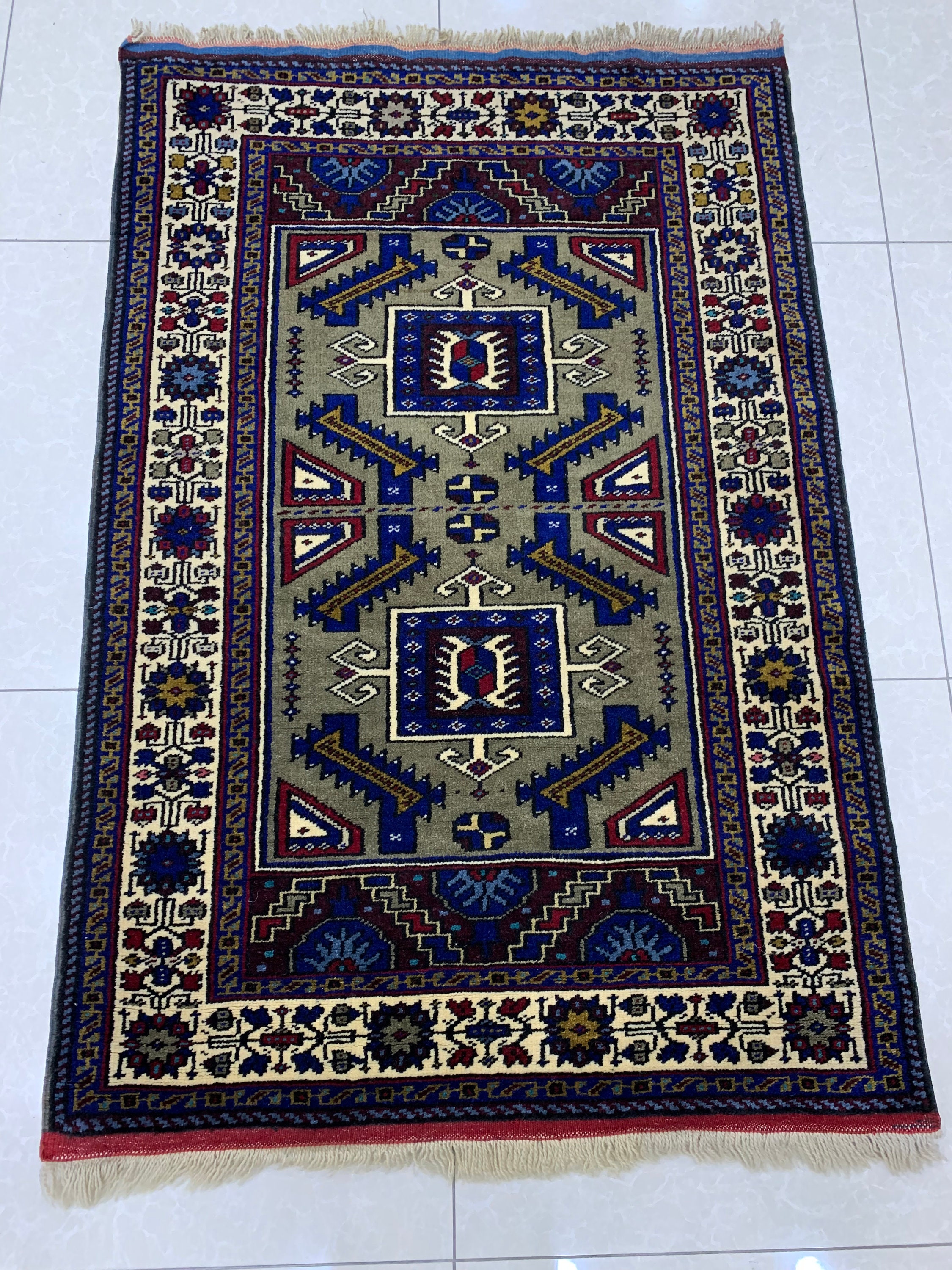 Tapis Anatolien en Pure Laine Faite à La Main, Tapis Turc Noué de Conception Géométrique, Zone, Coul