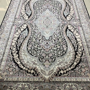 Türkischer Natur- und Bambus-Seidenteppich, 16.Jh.,Schloss-Madaillon-Design, Türkischer Seidenteppich, Bambus-Seidenteppich, Seidenteppich, 7x3 Fuß Teppich