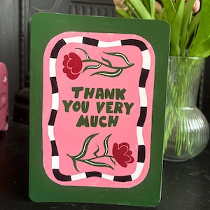 Carte de remerciement florale originale - Carte fantaisiste faite main avec enveloppe - Design vert, rose, rouge - Intérieur vierge pour un message personnalisé